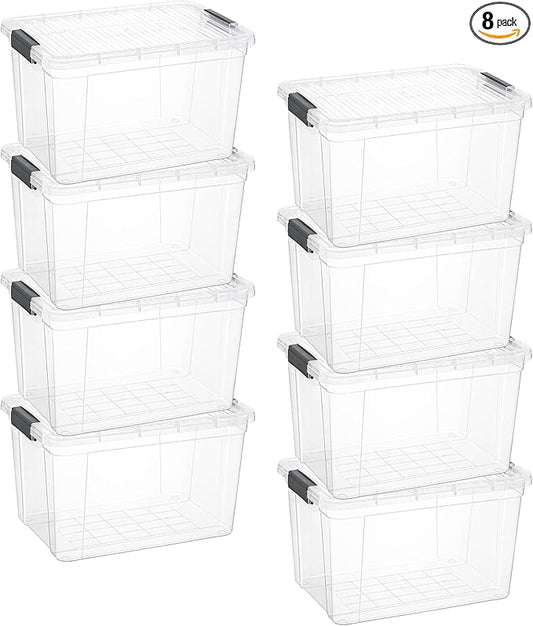 Superio Clear Storage Boxes with Lids, 26 Quart Plastic Container Bins for Organizing, Stackable Crates, BPA Free, Non Toxic, Odor Free, Organizers for Home, Office and Dorm, 8 Pack