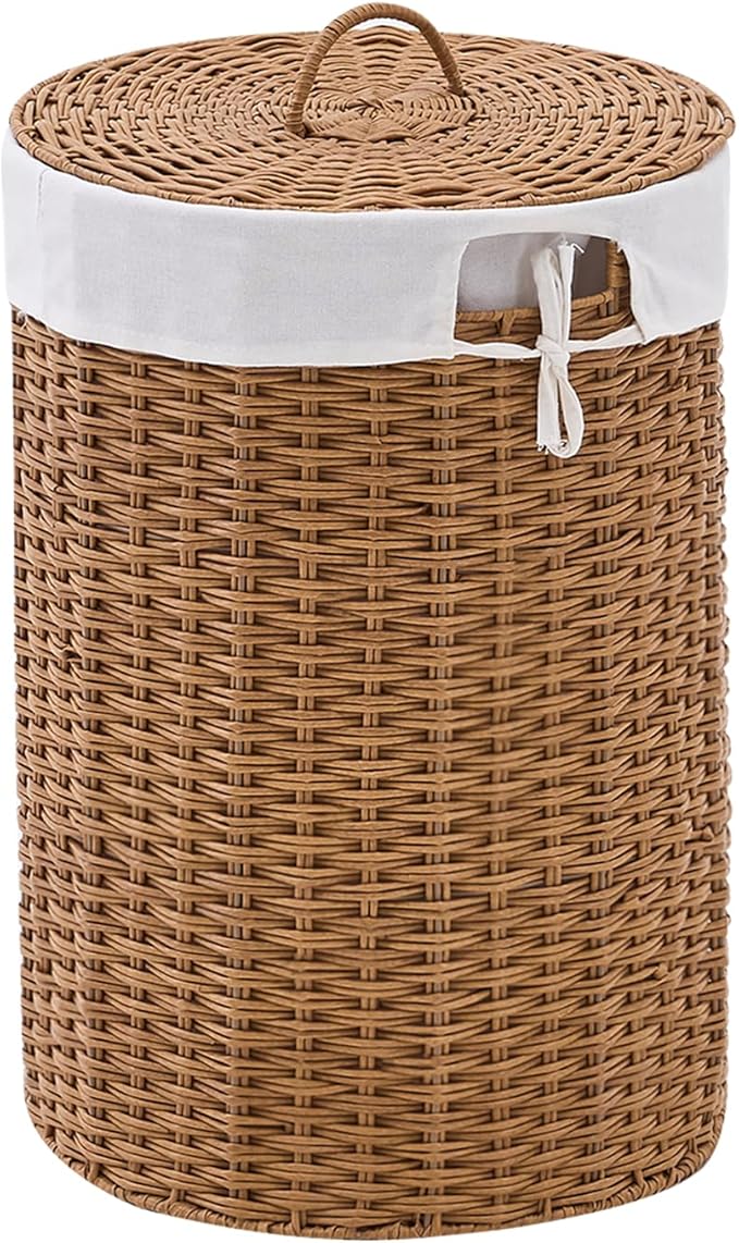 Round Wicker Laundry Hamper with Lid Handwoven Rattan Basket with Handles for Dirty Clothes, 2 Washable Liner Bags, No Assembly Required, Washable Basket, 60L by LGENHOOMHandwovenNaturalWaterHyacinthBasket