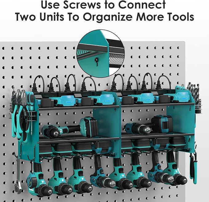 CCCEI Modular Power Tool Organizer Wall Mount with Charging Station. Garage Drill Storage Shelf with Hooks, Heavy Duty Rack, Tool Battery Holder Built in 8 Outlet. Gift for Men. Navy Blue, 2 Pack. - Image 6