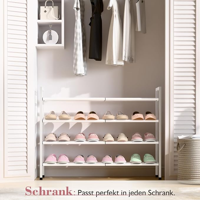 Bumusty 4-Tier Expandable Shoe Rack for Closet, 18“-33” Adjustable Shoe Rack for Small Space, Small Shoe Organizer for Front Door, Sturdy Metal, White - Image 2
