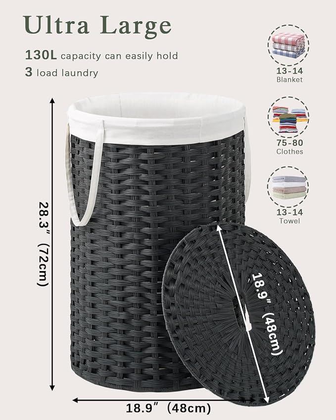 SETVSON Large Laundry Hamper Laundry Basket Round 34.3 Gal (130 L) Handwoven Wicker Laundry Baskets Rattan Laundry Basket with Laundry Bag Handles 2 Mesh Bags for Living Room Bedroom Black - Image 4