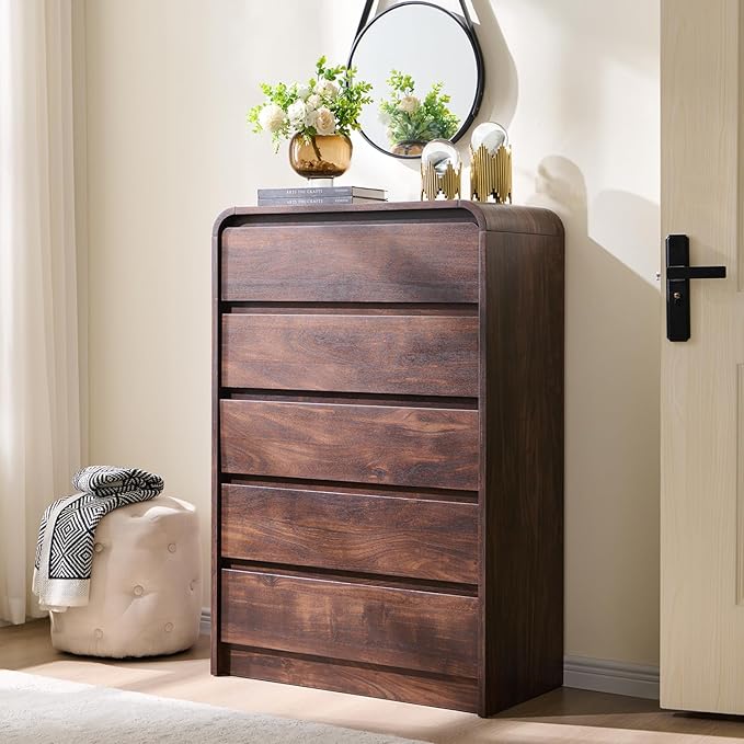 Aitjunz Modern 5 Drawers Dresser for Bedroom, 45" Tall Dressers & Chests of Drawers w/Curved Profile Design, Wood Mid Century Vertical Dresser w/Natural Texture for Bedroom, Living Room, Brown