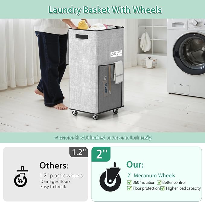 Laundry Hamper with Lid and Wheels, 29 Gal Rolling Laundry Basket with Washing Bag & Front Mesh Bag, Collapsible Dirty Clothes Hampers for Bedroom Aesthetic, Bathroom, Dorm, Laundry Room - Easy Carry - Image 5