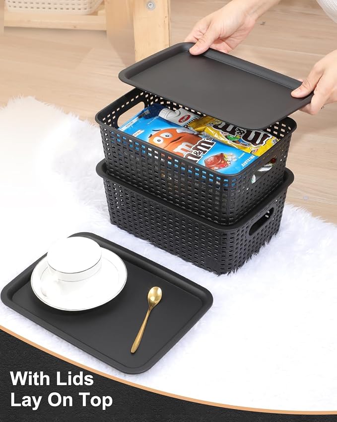 Storage Bins Plastic Storage Baskets With Lid Small Baskets for Organizing Stackable Storage Container Organizer Bins for Shelves Drawers Desktop Playroom Classroom Office, 6 Pack,Black - Image 4