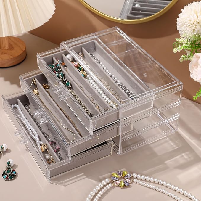 CLUQMEIK Necklace Organizer Box, Tray with Clear Lid, Dustproof Velvet Necklaces Holder Storage Display Case, Necklace Tray Drawer Insert for Pendant Suitable for Women and Girls (Grey) - Image 3