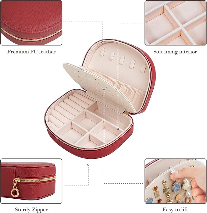ProCase Travel Size Jewelry Box, Medium Portable Seashell-Shaped Jewelry Case, 2 Layer Jewelry Organizer in PU Leather for Women -Red - Image 5