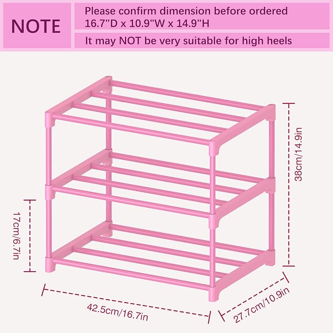 HITHIM 3-Tier Pink Shoe Racks for Women/Girls/Kids' Closet, Small Shoe Storage for 5-7 Pairs, Lightweight Stackable Shoe Shelf Organizer for Entryway, Front Door Entrance, Bedroom - Image 3
