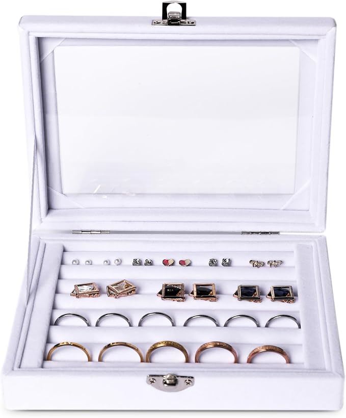 Frebeauty Rings/Earring Organizer Tray with Clear Lid,7 Slots Ring Box Velvet Ring Holder Drawer Insert Jewelry Storage Box Jewelry Display Case Jewelry Box Gift for Women and Girls(7 Slots,White) - Image 2