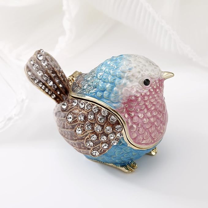 Hand Painted Enamel Robin Bird Trinket Box for Home Decor, Hinged Jewelry Organizer for Ring Earrings, Unique Figurine Keepsake Collectible Personalized Elegant Handmade Ornament Gifts (Blue Sparrow) - Image 4