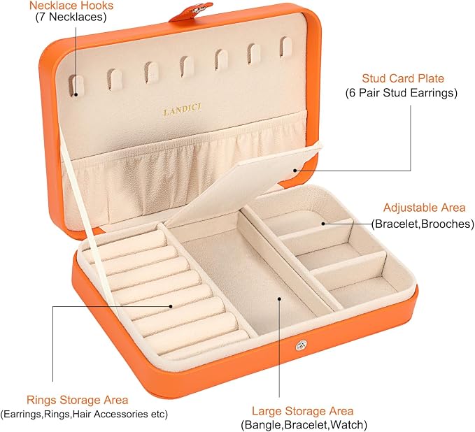 LANDICI Small Jewelry Box for Women Girls, PU Leather Travel Jewelry Case, Portable Jewelry Organizer Storage Holder Display for Ring Earrings Necklace Bracelet Bangle Men Kids Gift, Orange - Image 4