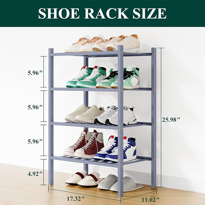 Smiry Shoe Rack, 4 Tier Small Bamboo Shoe Organizer, Stackable Free Standing Wooden Shoe Storage Shelf for Closet, Entryway, Front Door Entrance, Grey - Image 2