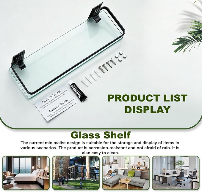 AIJALY 2 Pack Bathroom Glass Shelf, 15.7 Inches Black Bathroom Shower Glass Shelf Wall-Mounted, Metal Storage Floating Kitchen Shelf - Image 6