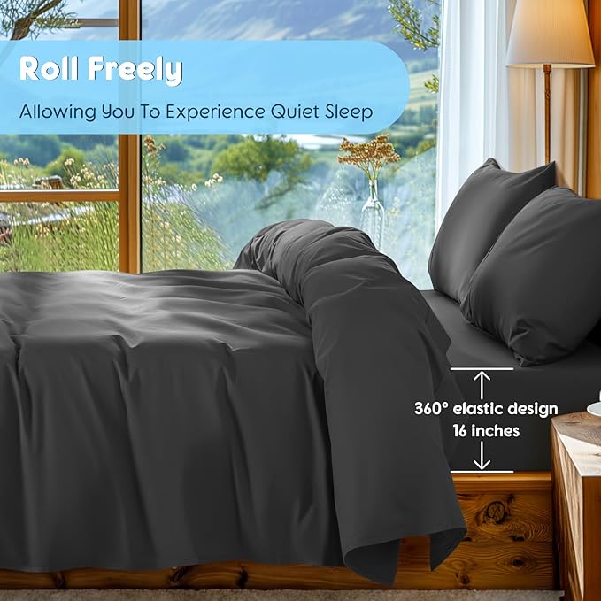 SONORO KATE 100% Egyptian Cotton Sheets Set - Luxury 5-Star Hotel Sateen Bed Sheets, Soft, Breathable Long Staple Sheets, Fit up to 16" - 4 PC (Black,Queen)
