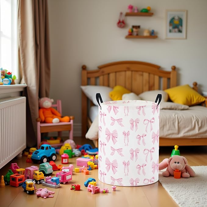Baby Laundry Basket Baby Nursery Hamper Kids Laundry Basket Toy Storage Bin for Boys Room Decor Gift Baskets for Bedroom Bathroom(Pink Bowknot) - Image 4