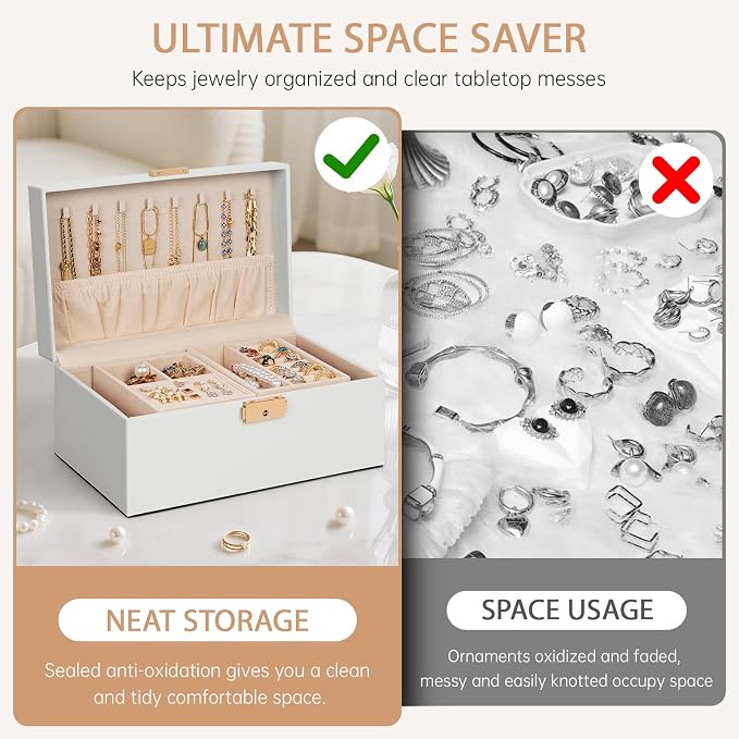 AKOZLIN Travel Jewelry Box Organizer Functional 2-trays Leather Jewelry Storage Case with Lockable Portable for Women Girls Ring Necklace Earring Bracelet - Image 8