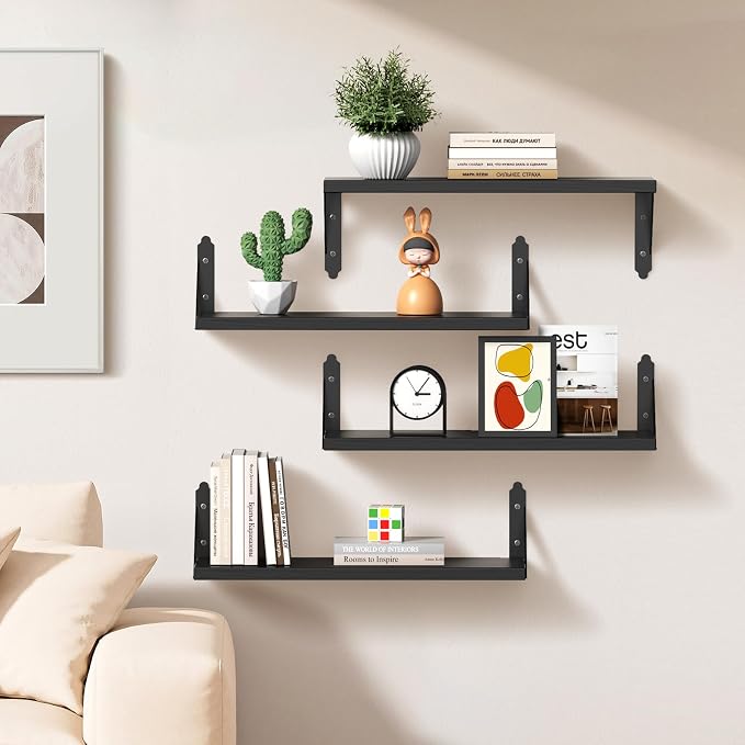 ROMGUAR CRAFT Wood Floating Shelves Set of 4, Rustic Storage Decor Wall Shelves, Wall Mounted Shelf for Living Room, Bedroom 17" x 6", Black - Image 2