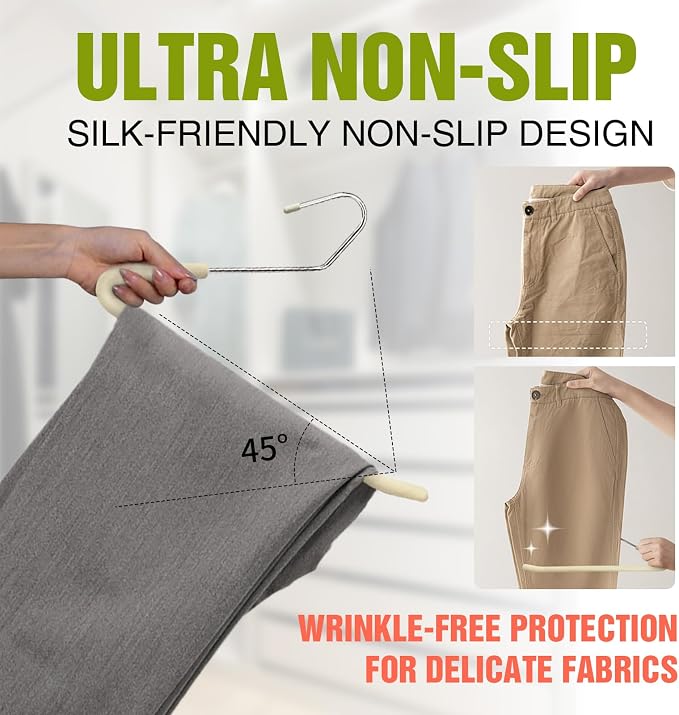 Spring Fever Open Ended Non Slip Sponge Padded Pants Hangers - Chrome Plating Foam Heavy Duty Space Saving Beige Long 30 - Image 5
