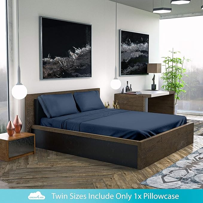 DREAMCARE Full Size Sheets - Cooling Bed Sheets - 4pcs Set - up to 15" Deep Pocket Full Sheet Set - Sheets Full Size Bed - Soft & Long Lasting 100% Fine Brushed Polyester with Side Pocket - Navy Blue