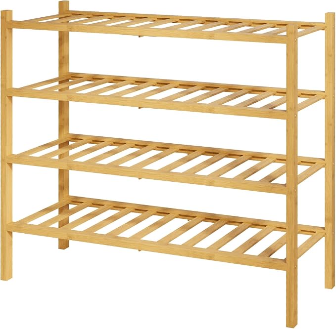 Kitsure Bamboo Wooden Shoe Rack for Closet - Stackable Shoe Organizer with Modular Structure, Space-Saving Shoe Shelf for Entryway, Living Room, Bedroom, 26.8" Wide - 4 Tiers, Natural by Kitsure