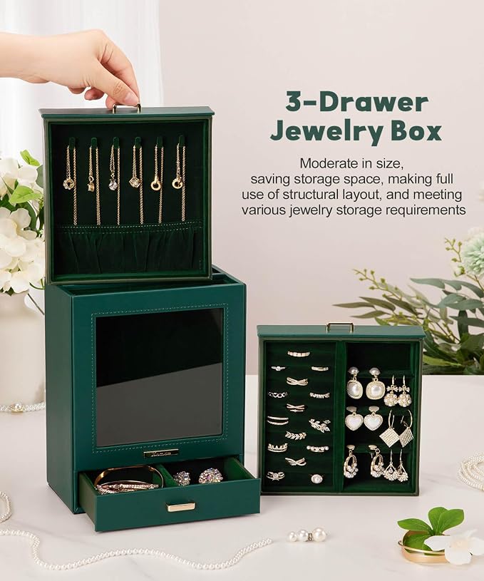 Homde Mothers Day Gifts Jewelry Organizer Girls Women Jewelry Box for Necklaces Rings Earrings Gift Bracelets Storage Case (Forest Green + Gold) - Image 8