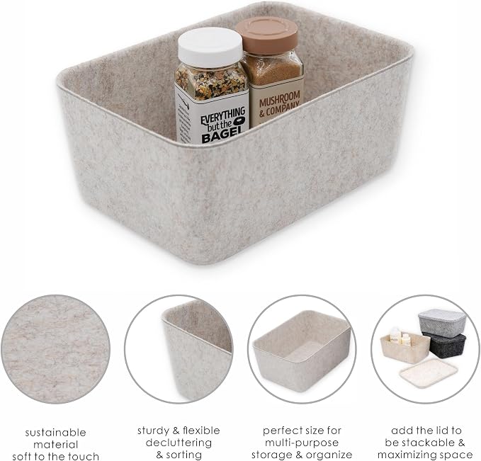 Welaxy Felt deep Storage Bins lidded Drawer Organizer Caddy for junk stuff stationery makeup jewelry closet bathroom minimalist lifestyle (Oatmeal Bin, S) - Image 2