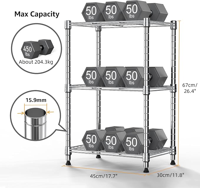 M MZG 450 lbs Wire Storage Shelving 3-Tier Utility Shelving Unit Steel Organizer Wire Rack for Home,Kitchen,Office,Chrome(11.8" D x 17.7" W x 26.4" H) - Image 3