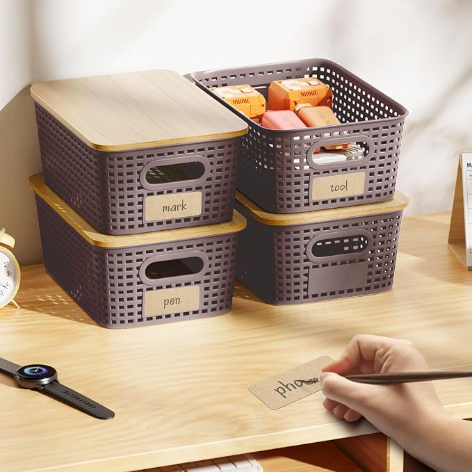 6Pcs Storage Bins with Lids, Stackable Plastic Storage Basket with Bamboo Lid, Pantry Organizer Box Small Containers for Organizing Shelves Drawer Desktop Closet Cabinet Office Classroom 10x7.1x4.1in - Image 8