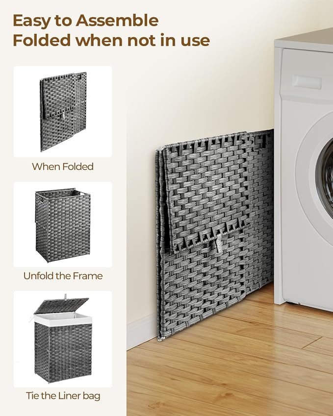 Greenstell Laundry Hamper with Lid, 90L Clothes Hamper with 2 Removable Liner Bags & 2 Mesh Laundry Bags, Handwoven Synthetic Rattan Laundry Basket for Clothes, Toys in Bathroom, Bedroom Grey - Image 7
