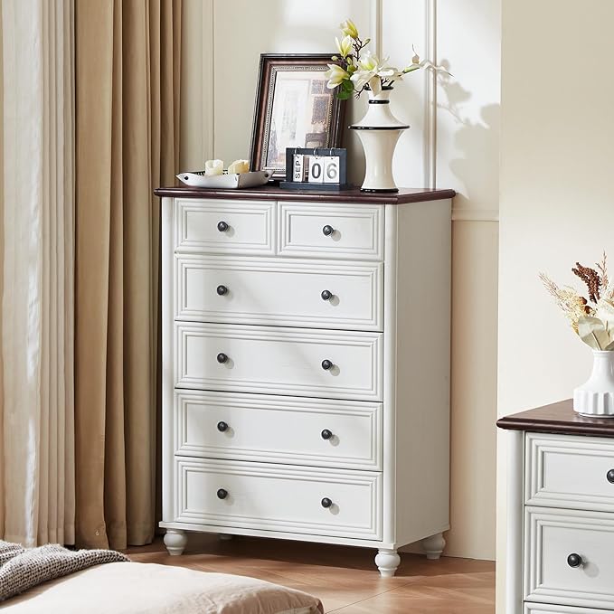 RWYHG Farmhouse 6 Drawer Dresser, Chest of Drawers for Bedroom, 43.5" Tall Wood White Kids Dresser with Roman Column and Metal Handles, Storage Dressers Organizer for Living Room, Hallway, Closet