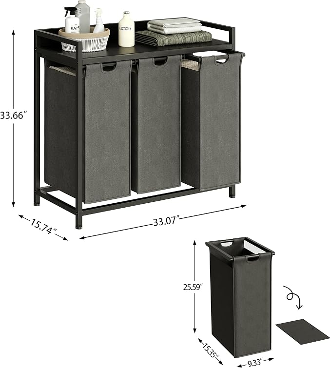 Herture Laundry Hamper with Shelf, Laundry Basket 3 Section, Laundry Sorter with Pull-Out Removable Large Bags and Movable Wheels, Metal Frame, 3 x 15.87 Gallons (60L), Black and Gray PF04XLC - Image 4