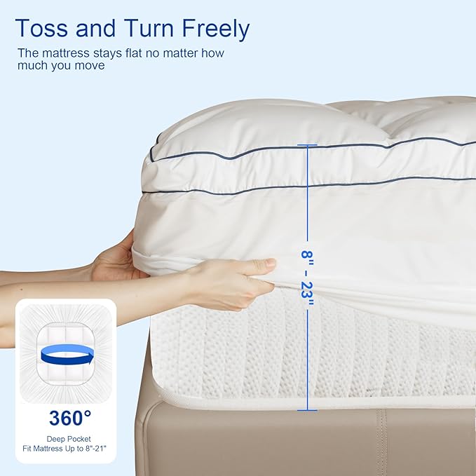 KAYFIA Cal King Mattress Topper,Extra Thick Mattress Pad Cover for Deep Sleep,3D+7D Snow Down Alternative Fill Overfilled Plush Pillow Top with 8-23 Inch Deep Pocket-White