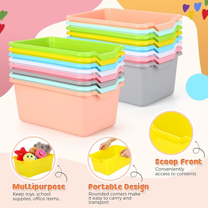 Dandat 16 Pcs Plastic Book Bins for Classroom Library Cubby Bins Scoop Front Stackable Toy Storage Tubs Containers for School Office Home Nursery Playroom Organization(Candy Color) - Image 3