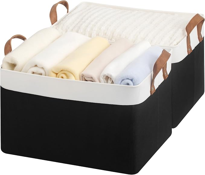 StorageWorks Storage Bins, Fabric Storage Bins for Shelves, Large Storage Baskets with Metal Frame, Closet Baskets and Bins with Handles, Black and White, 2-Pack by StorageWorks