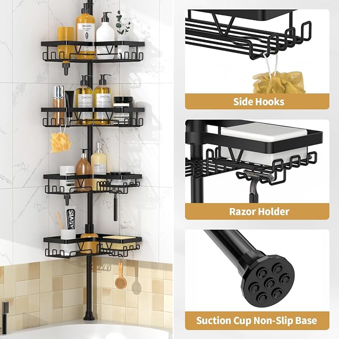 DAOYA Corner Shower Caddy - 4-Tier Shower Caddy Tension Pole with 2 Removable Soap holders Bathroom Shampoo Holder for Bathtub & Corner, Black, Floor to Ceiling 25-114.2 inch - Image 3