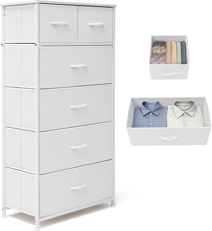 Fabric Dresser for Bedroom, Tall Skinny Dresser with 6 Drawers, Storage Organizer Tower, Steel Frame Wooden Top for Closet, Living Room, Hallway(White) by VredHom