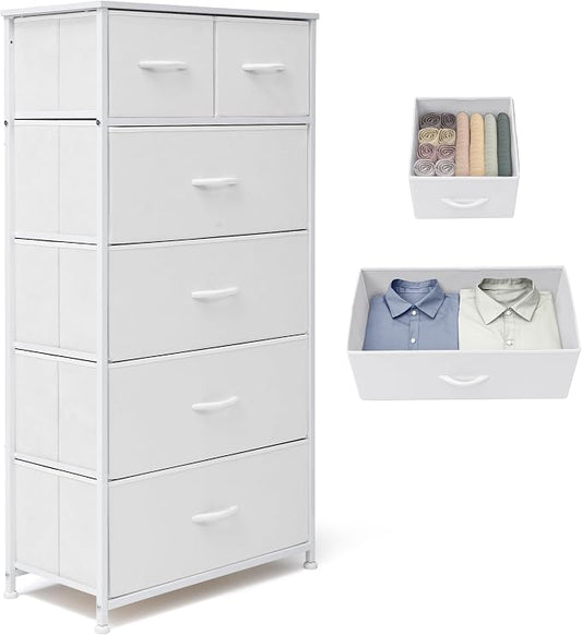 Fabric Dresser for Bedroom, Tall Skinny Dresser with 6 Drawers, Storage Organizer Tower, Steel Frame Wooden Top for Closet, Living Room, Hallway(White) by VredHom