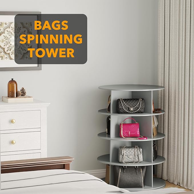 SpaceAid 4 Tier Rotating Shoe Rack Tower, Spinning Shoe Display Lazy Susan, Revolving 360 Shoe Rack Storage Round Carousel, Vertical Handbag Rotate Shoes Closet Organization (4-Tier Gray) - Image 5