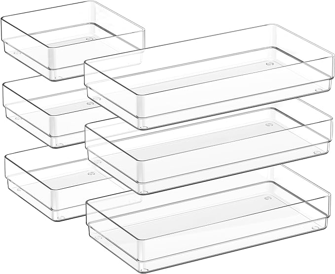 SMARTAKE 6 PCS Clear Plastic Drawer Organizers Set, Large Size Non-Slip Desk Drawer Organizer, 2-Size Versatile Bathroom and Vanity Drawer Organizer Trays for Makeup, Bedroom, Office, Kitchen Utensils by SMARTAKE