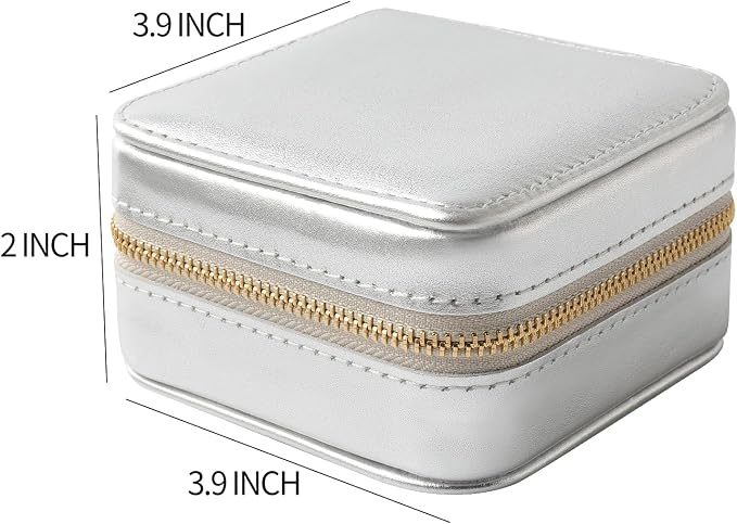 Genuine Leather Travel Jewelry Case Organizer with Mirror for Women, Small Jewelry Box Portable Mini Jewelry Case for Earring, Ring, Necklace, Bracelet(Silver) - Image 2