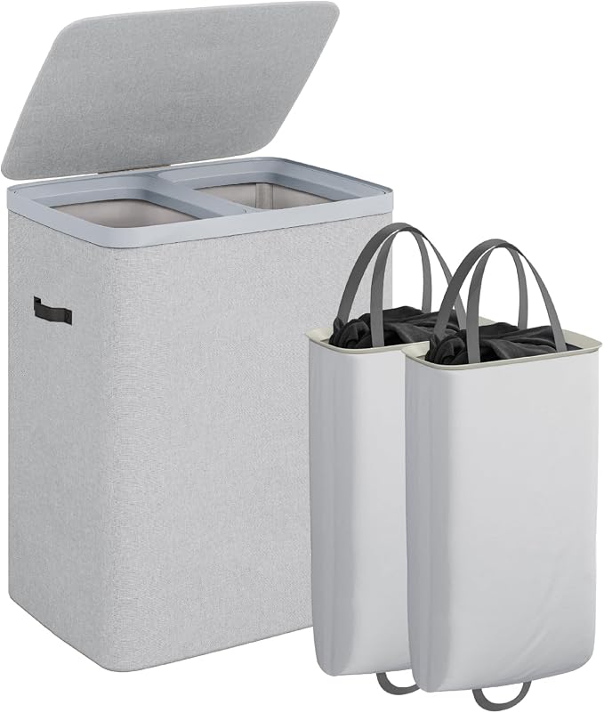 CASAMAYA Laundry Basket with Lid, Laundry Hamper 2 Section, 170L collapsible Laundry Organizer, Easy Assembly, with Handles and Removable Liners, 22 x 15.7 x 29.5 Inches, Gray JSP903G by Unknown