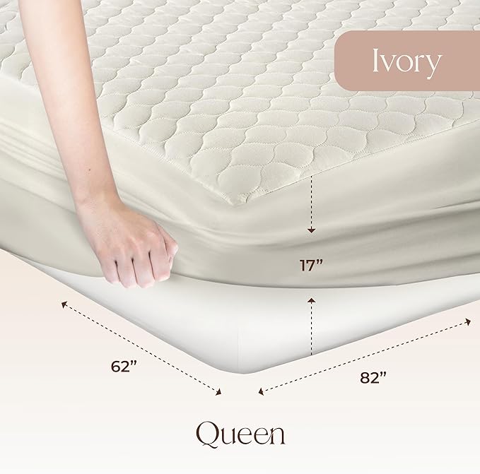 100% Cotton Organic Mattress Pad - Breathable & Cooling Mattress Protector Queen Size - Premium 300GSM Quilted and Machine Washable - Fairtrade & GOTS Certified Bed Protector (Ivory, Queen)