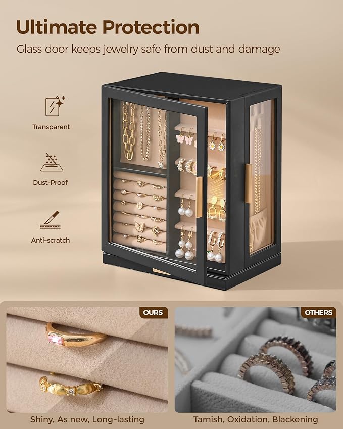 Glimmloop 360° Rotating Jewelry Box with 5 Drawers, Spacious Vertical Jewelry Organizer with Glass Window, Jewelry Storage Case, Dustproof & Moisture-resistant Design, Black - Image 3