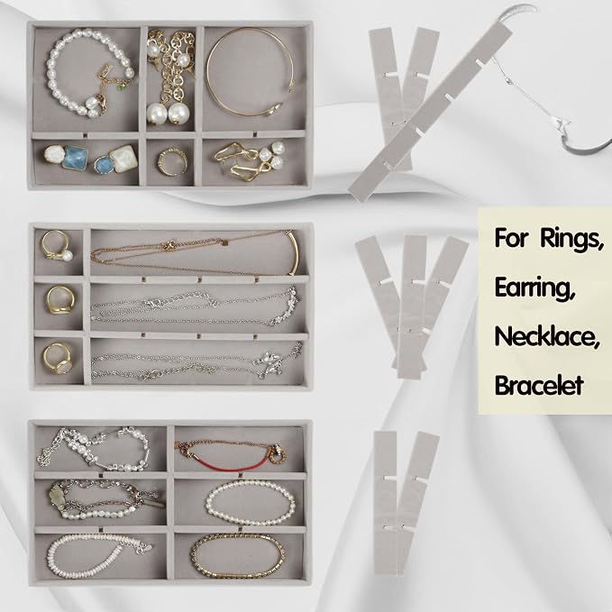 Set of 8 Stackable Jewelry Organizer Trays with 1 Lid for Drawer & Dresser Organizer, Adjustable Velvet Jewelry Box Tray Earring Organizer Necklace Storage Ring Bracelet Display Case (Gray) - Image 5