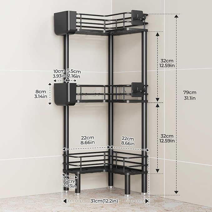 Orimade Rustproof 3 Tier Floor Standing Corner Shower Caddy Organizer with Toothbrush Holder, Large Spacing Floor Shower Shelf Rack Storage Stands with Hooks for Bathroom Kitchen, Black - Image 2