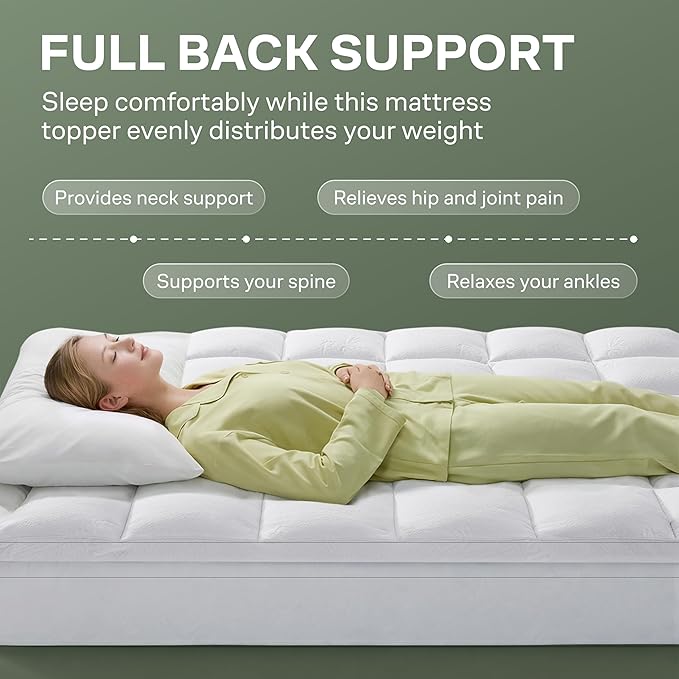 Queen Size Mattress Topper - Plush & Soft Viscose Derived from Bamboo Mattress Pad, Naturally Cooling & Perfect for Back Pain Relief, Snow White