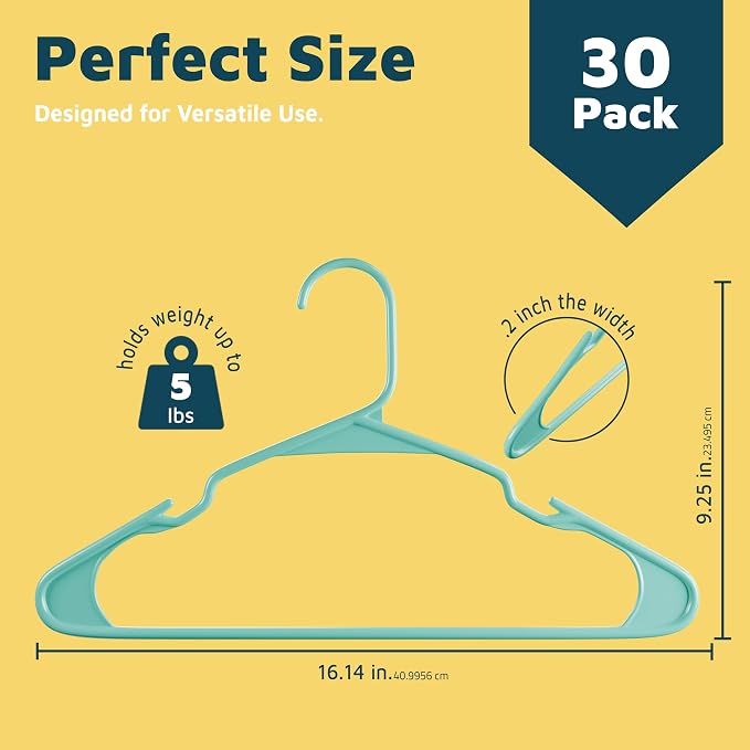 Lifemaster Plastic Clothes Hangers – Heavy Duty Hanger Set, for Organizing Clothes, Dresses, and Coat, Holds Up to 5 lbs, Space-Saving Hangers with Non-Slip Shoulder Grooves, Pack of 30, Aqua - Image 2