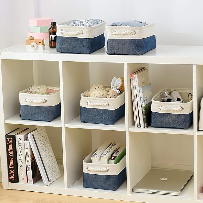 TheWarmHome Storage Bins for Shelves - 12x8x5.2 inch 1 Pack Baskets for Gifts Empty, Fabric Storage Cubes for Closet Organizing Dog Gift Cloth Toy (White & Jean Blue) - Image 5
