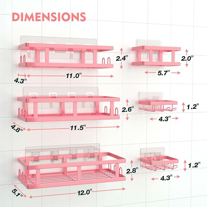 Youvip 6 Pack Shower Caddy, Adhesive Shower Shelves with Soap Holder, No Drilling Rustproof Large Capacity pink bathroom decor accessories, Pink - Image 2