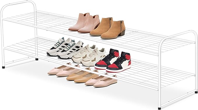 AOODA Long 2 Tier Shoe Rack for Closet Metal Wide Stackable Shoe Storage Organizer for Entryway, Bedroom, Floor, 18-Pairs Low Sneaker Shelf, White by AOODA