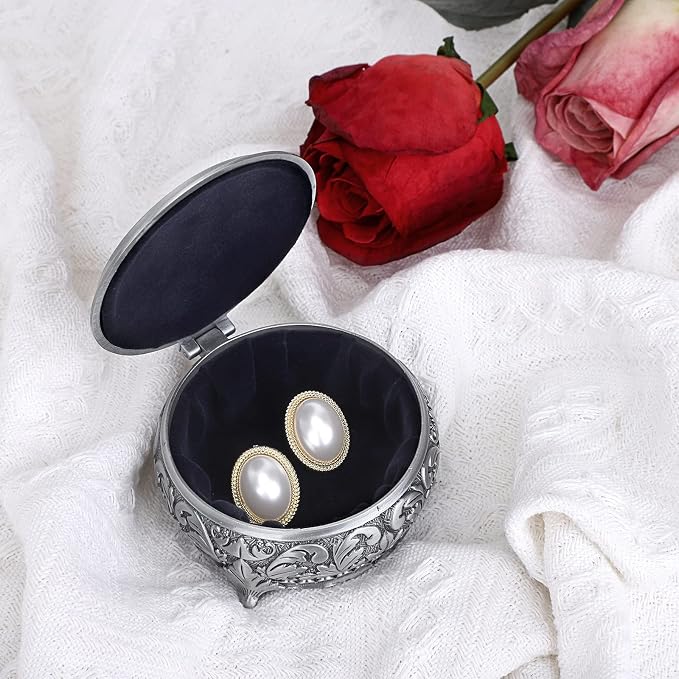 Hipiwe Metal Jewelry Box Vintage Ring Holder Trinket Organizer Small Round Earring Necklace Storage Box Jewelry Display Box Keepsake Box Decorative Jewelry Box Gift for Women - Image 8